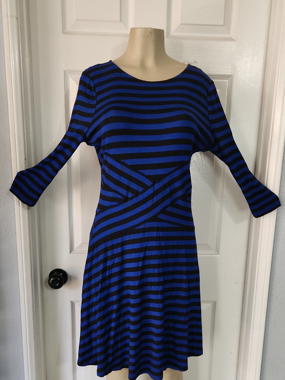 ECI Blue and Black Striped Midi Dress with Twisted Waist Detail Stretch